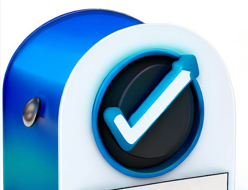 Blue checkmark for a mail inbox. 