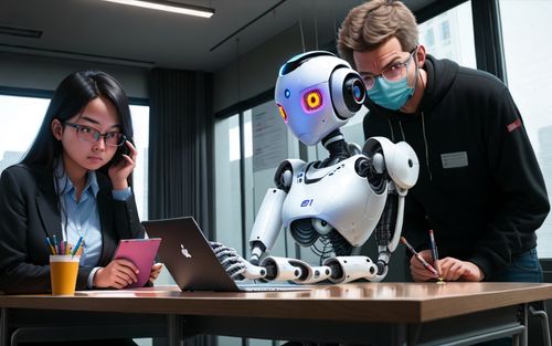 Human watching over robot working on a laptop.