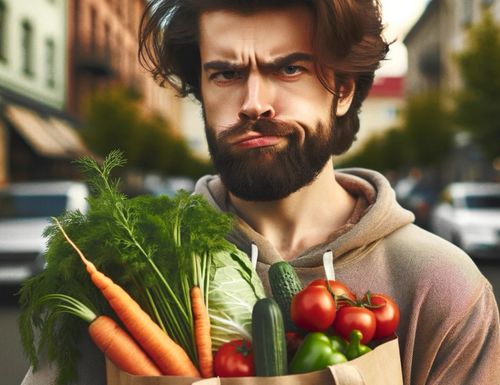 A person holding a bag of vegetables. 